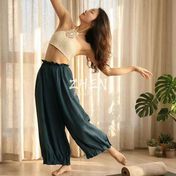 ZHEN YOGA Zen-Inspired Petal Waist Wide-Leg Pants | Linen-Feel Relaxed Lantern Pants | Healing Vacation Yoga Outfit