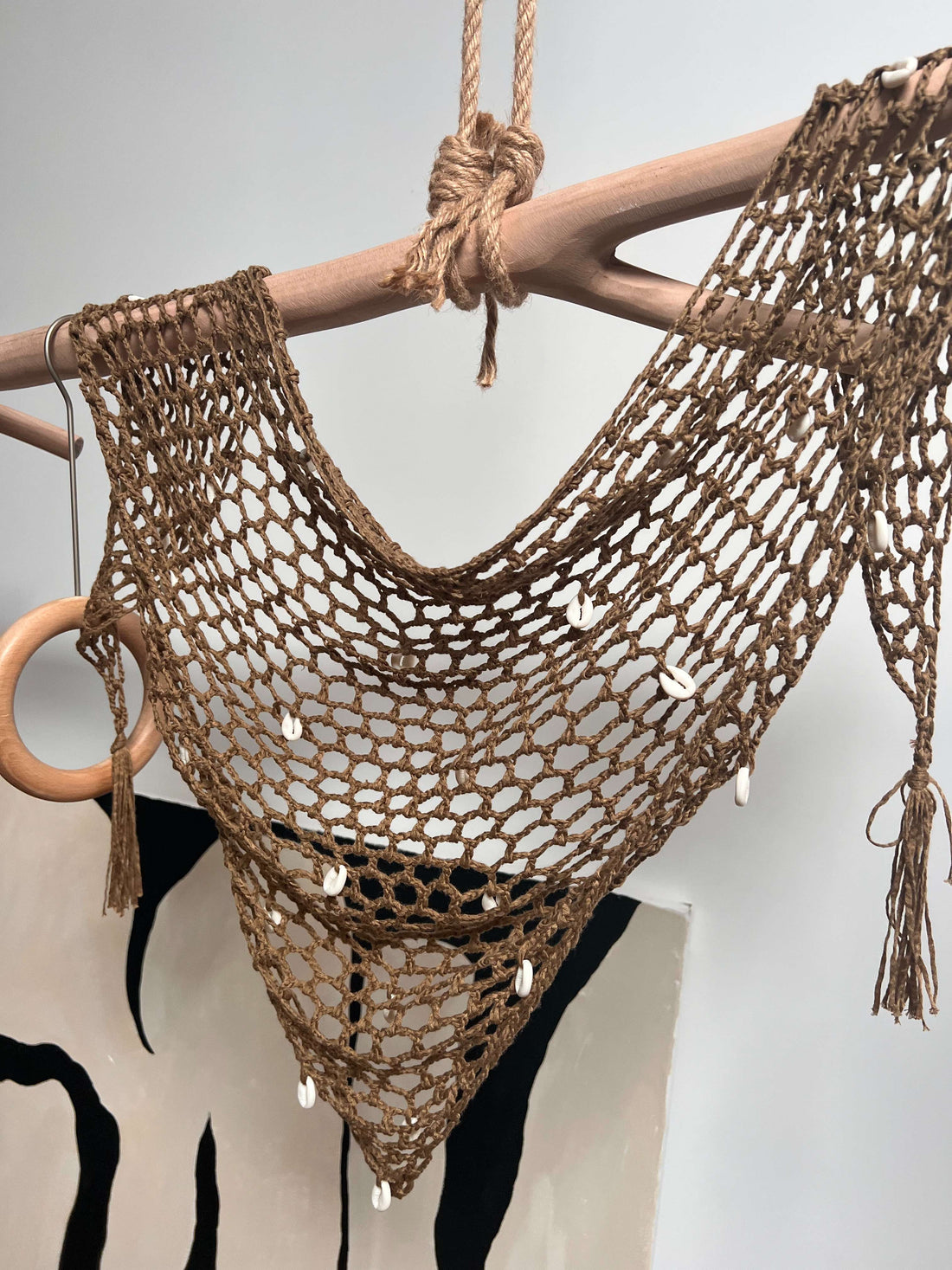 Boho Hand-Crocheted Cowrie Shell Triangle Scarf