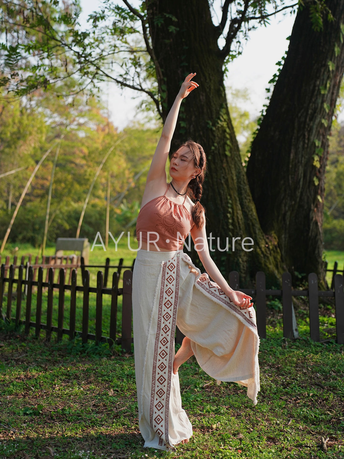 Celestial Sun Motif Linen-Blend Halter Top