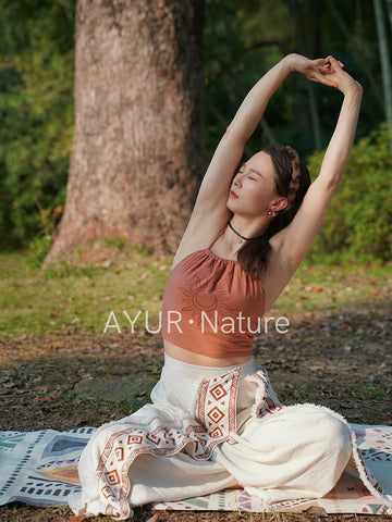 Celestial Sun Motif Linen-Blend Halter Top