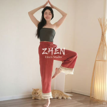 ZHEN YOGA Tassel Trim Wide-Leg Pants | Soft Baby Cotton Zen Vacation Pants | Inner View Yoga Casual Long Pants