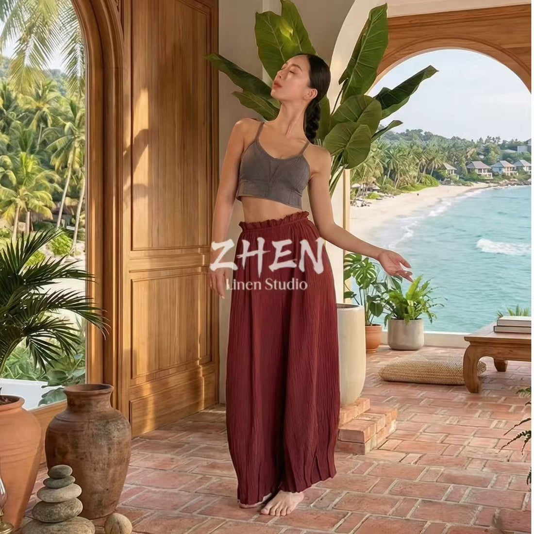 ZHEN YOGA Zen-Inspired Petal Waist Wide-Leg Pants | Linen-Feel Relaxed Lantern Pants | Healing Vacation Yoga Outfit