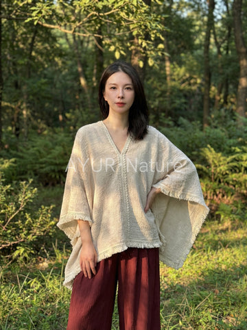 Natural Linen-Cotton Crinkle Poncho with Fringe