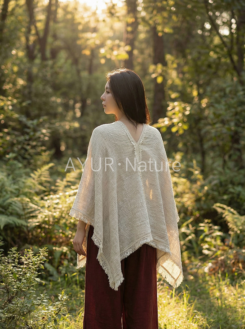 Natural Linen-Cotton Crinkle Poncho with Fringe
