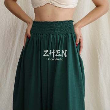 ZHEN YOGA Zen Inner Contemplation Yoga Pants | Smocked High-Waist Curved Trousers | Elegant Drape Wide-Leg Silhouette
