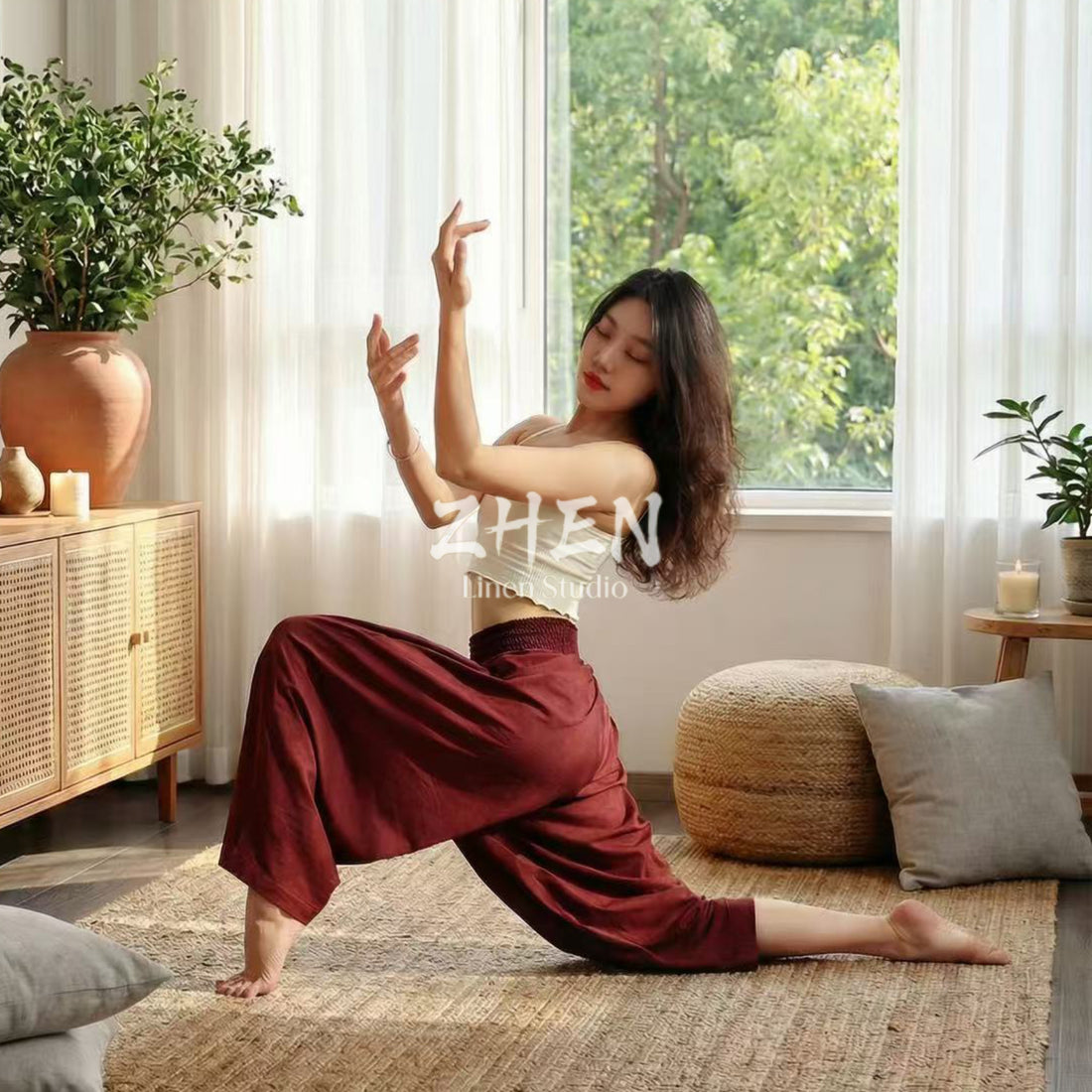 ZHEN YOGA Zen Inner Contemplation Yoga Pants | Smocked High-Waist Curved Trousers | Elegant Drape Wide-Leg Silhouette