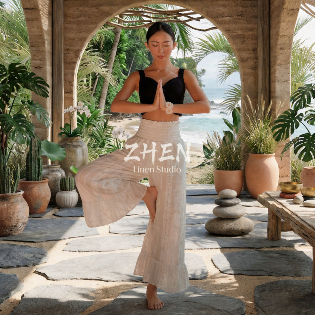 ZHEN YOGA French-Style High-Waist Cutout Wide-Leg Pants | Ruffled Natural Cotton Resort Wear | Zen-Inspired Sun Protection Pants