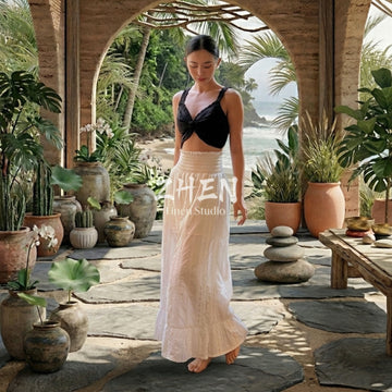 ZHEN YOGA French-Style High-Waist Cutout Wide-Leg Pants | Ruffled Natural Cotton Resort Wear | Zen-Inspired Sun Protection Pants