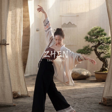 ZHEN YOGA Zen Print Cardigan | Chinese-Style Cotton-Linen Relaxed Outerwear | Healing Yoga & Meditation Cover-Up