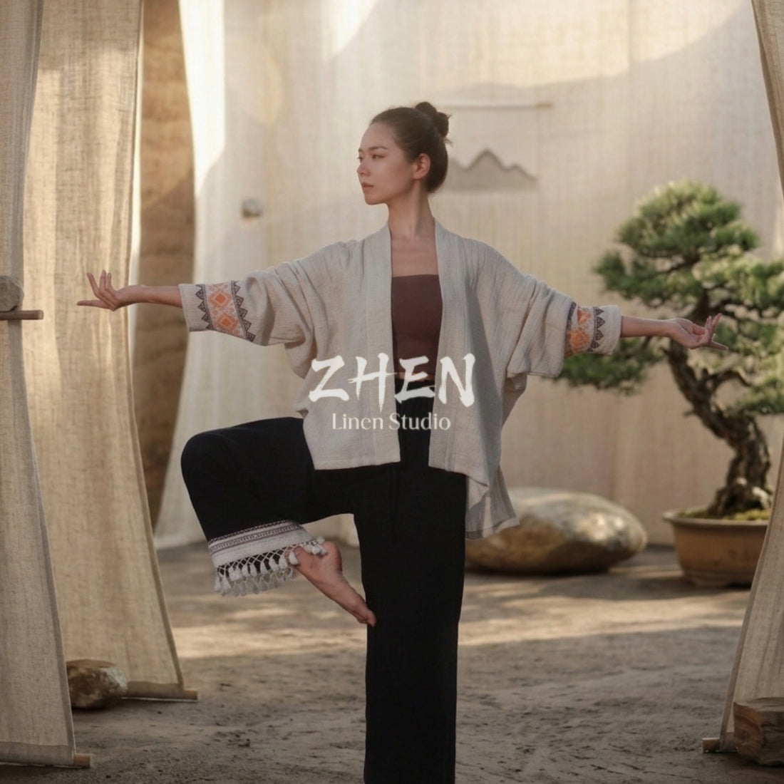 ZHEN YOGA Zen Print Cardigan | Chinese-Style Cotton-Linen Relaxed Outerwear | Healing Yoga & Meditation Cover-Up