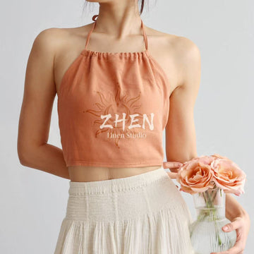 ZHEN YOGA Sun Totem Halter Top | Backless Lace-Up Camisole | Sun-Drenched Vacation Vibes