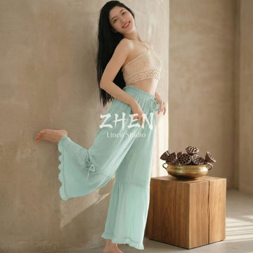 ZHEN YOGA Ruffled Drawstring Wide-Leg Pants | Eco-Friendly Cotton, Soothing Style | Beach Vacations/Yoga/Casual Wear